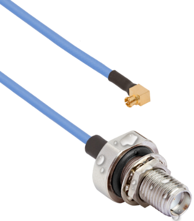 SMA Female Waterproof (IP68 Rated) Bulkhead to SMPM Female R/A 12" Cable Assembly for .047" Cable, 7032-10877